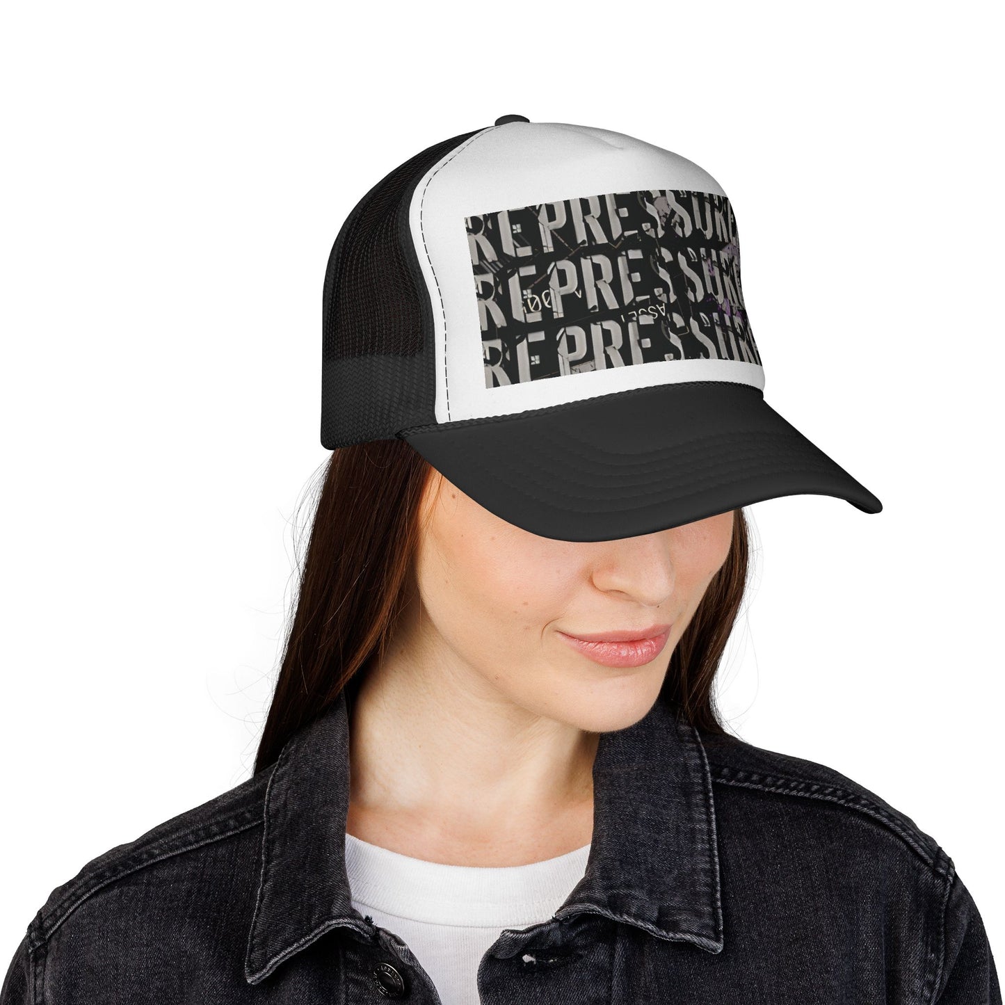 Repressure Retro Trucker Cap — Distressed "REPRESSURE" Graphic Mesh Hat