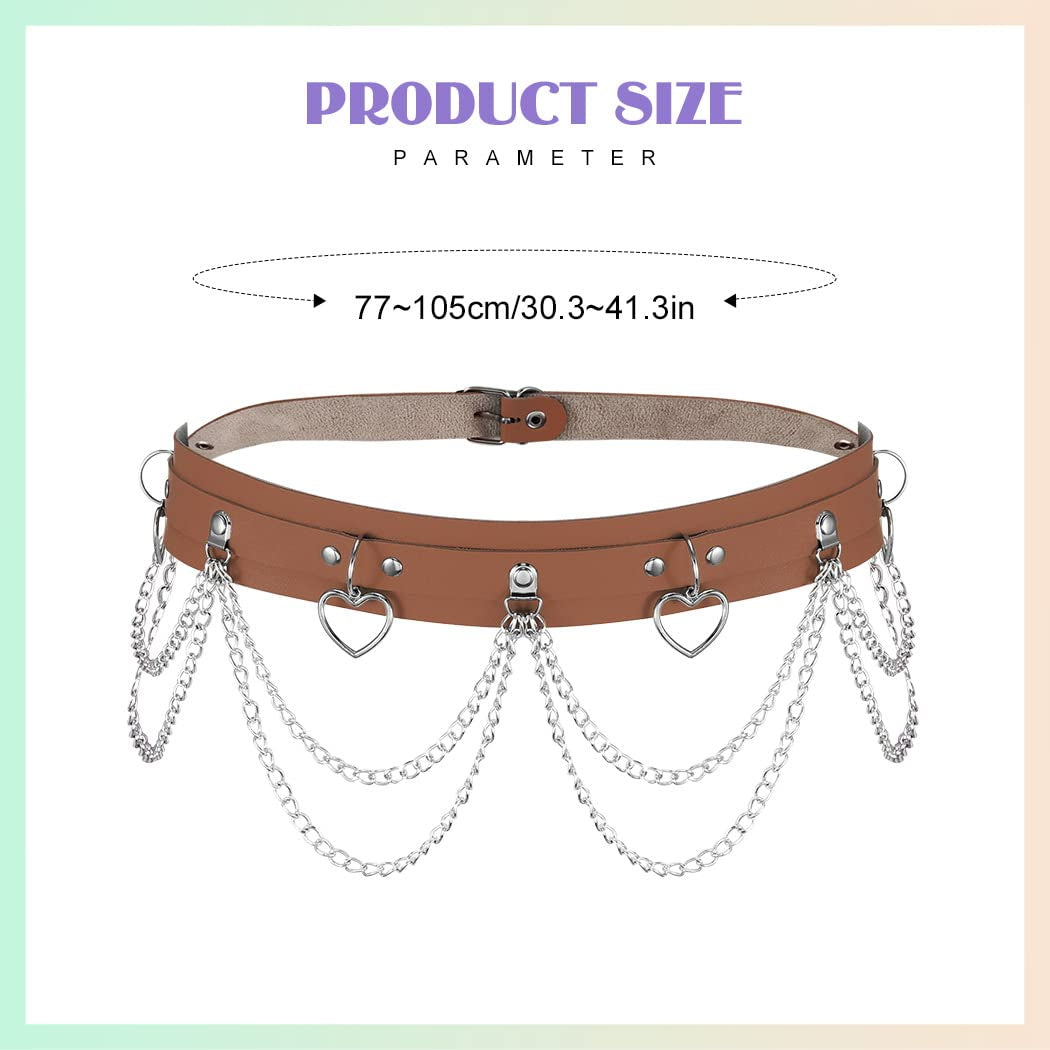 Chic brown heart-shaped PU leather waist chain belt by BODIY, trendy rave accessory for women and girls, featuring a stylish design.
