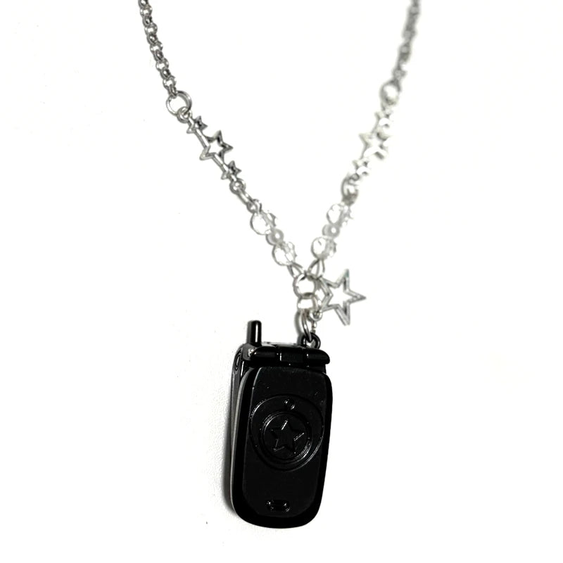 Punk 90S Aesthetic Pink Phone Pendant Necklace for Women Cartoon Goth Star Beads Pendant Y2K Necklace Jewelry Harajuku Fashion