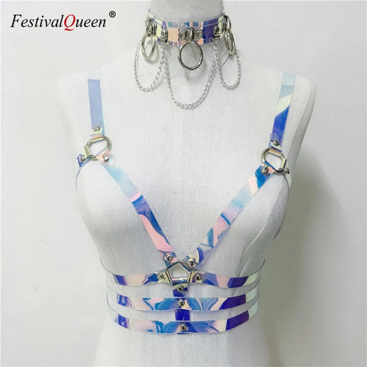 Hollow Out Laser-Cut Crop Top with PVC Holographic Collar and Choker Belt Harness for Women - Rave Festival Tank Top
