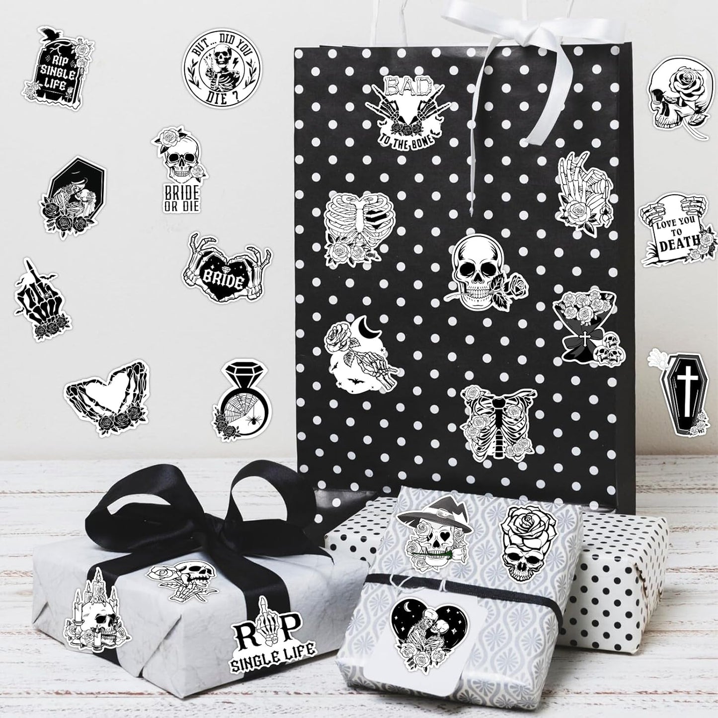 Bride or Die Wedding Stickers, 100Pcs Till Death Do Us Party Bachelorette Decorations Goth Stickers for Rip Single Life Engagement Party Bridal Shower Decorations Gothic