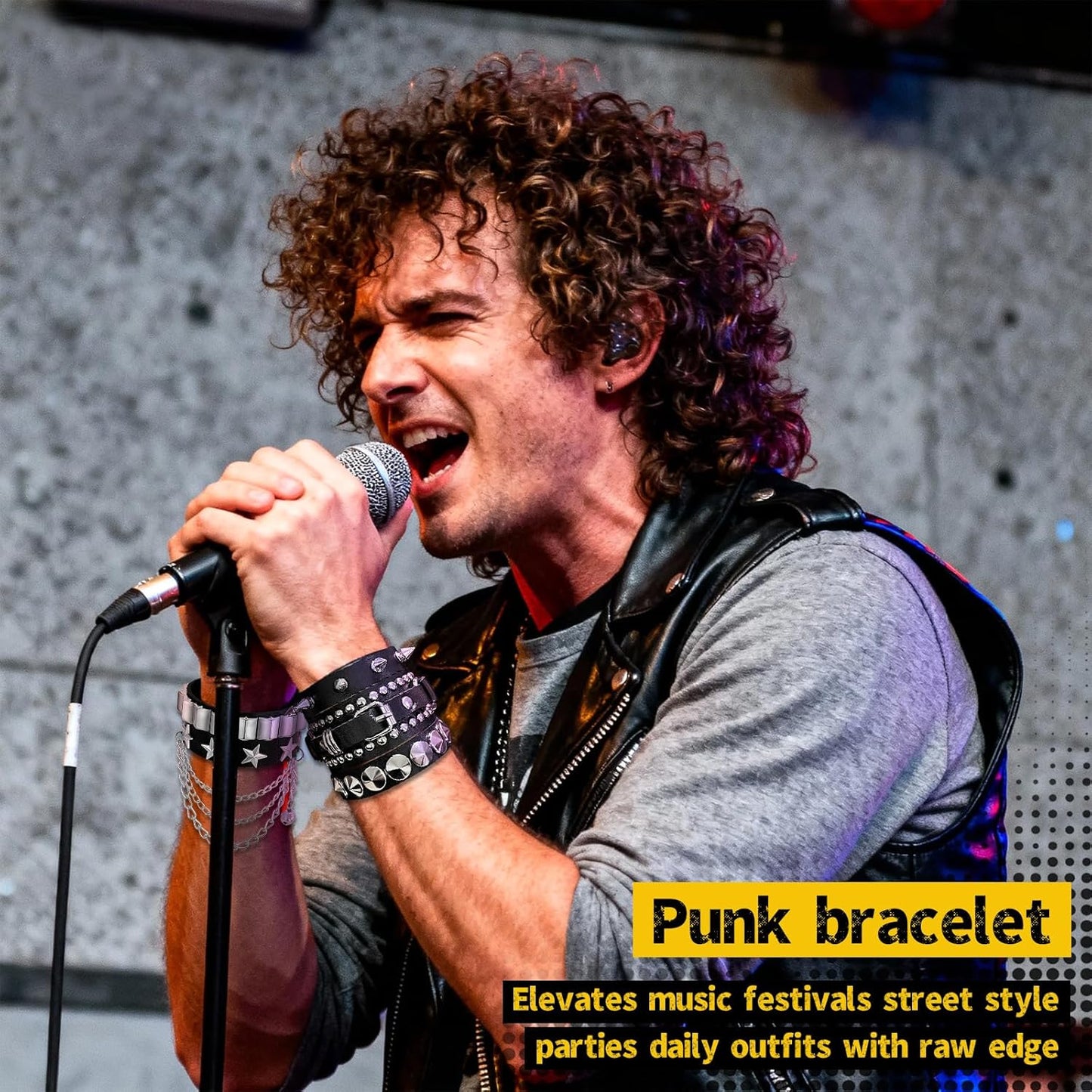 Spike Bracelet for Men & Women | Adjustable Black Leather Punk Bracelets with Studs & Rivets | Goth Rock Biker Wristband
