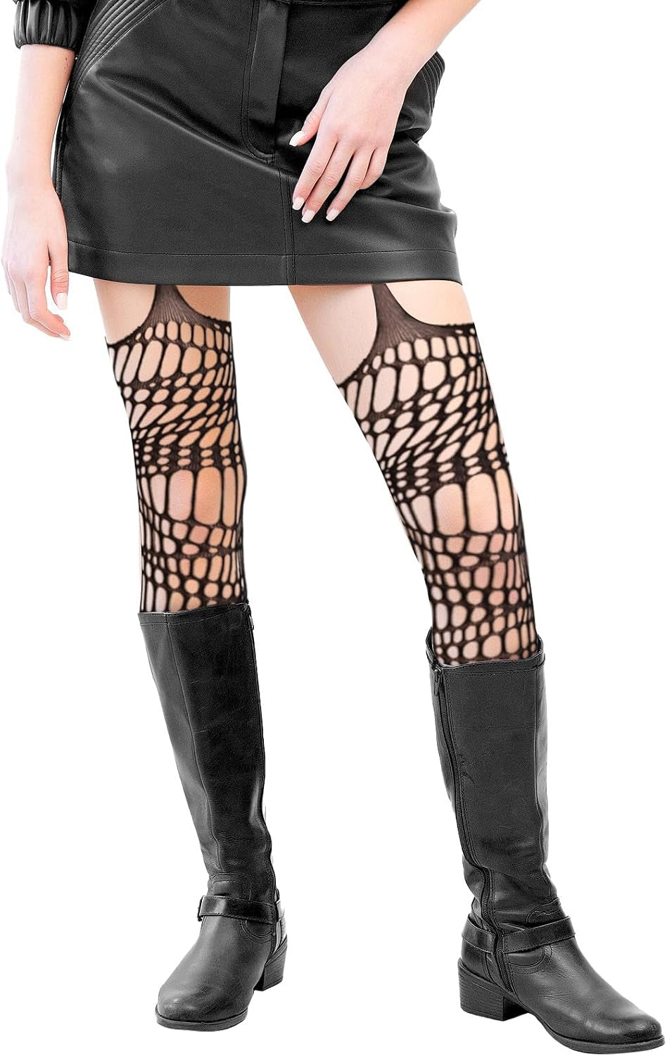 Lusofie 2-pack goth ripped fishnet tights, black fishnet with ripped details, ideal for Halloween, rave, and punk fashion styles.