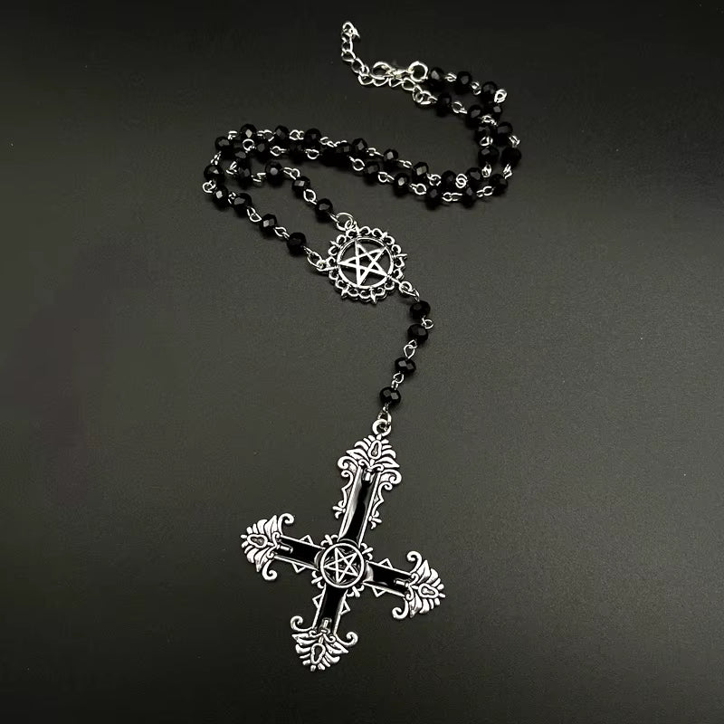 Handmade gothic Baphomet rosary necklace with pentagram and inverted cross, featuring satanic jewelry design and intricate details.
