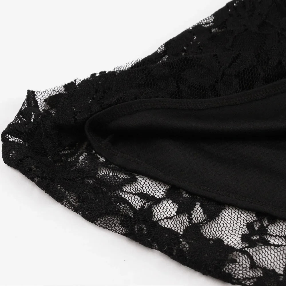 Gothic Glam vintage lace flare mini dress with long sleeves, perfect for Halloween and party costumes, by PressureDen.store