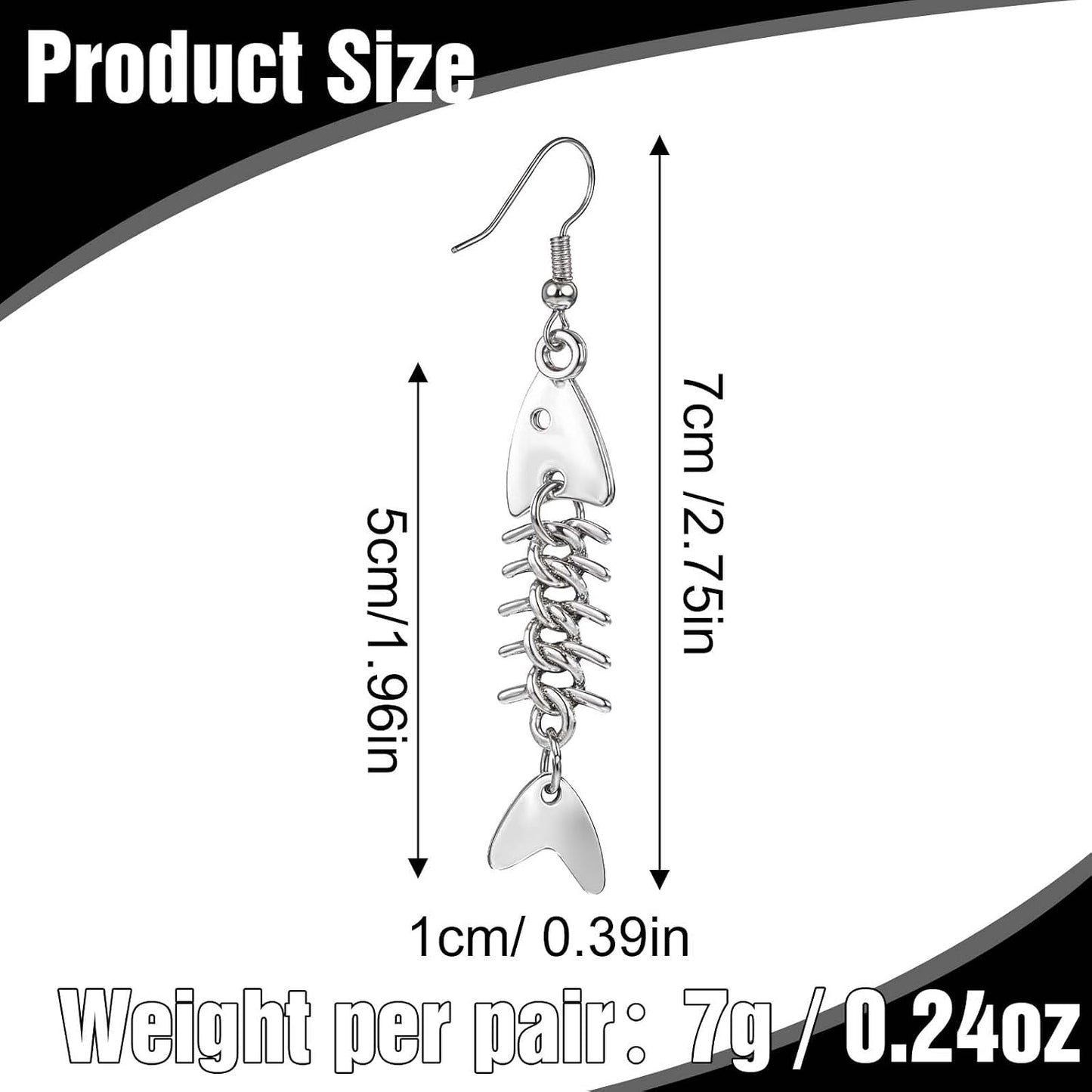 Pair of Yuanchu long fish bone dangle earrings with zinc alloy punk goth design for women, showcasing intricate bone detailing.