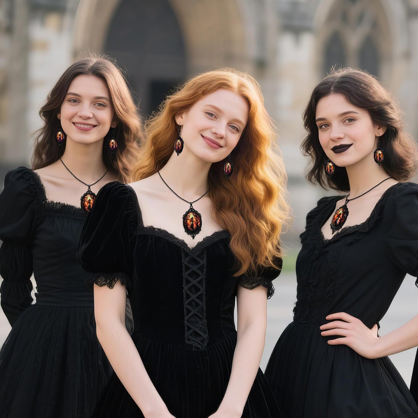 Mystic Witch Gothic Bat Glass Pendant Necklace, Victoria Cameo Black Stainless Steel Rope Chain Witchy Jewelry Choker with Earrings for Women for Halloween