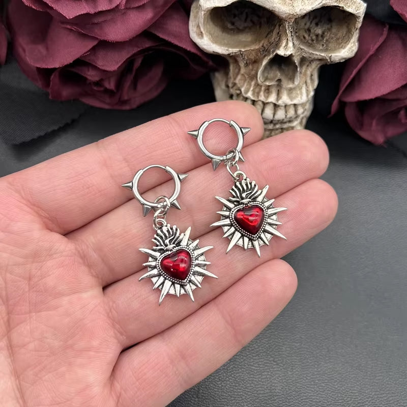 Sacred Heart Spike Hoop earrings by PressureDen.store, goth stainless steel earrings with grunge style and bold heart design.