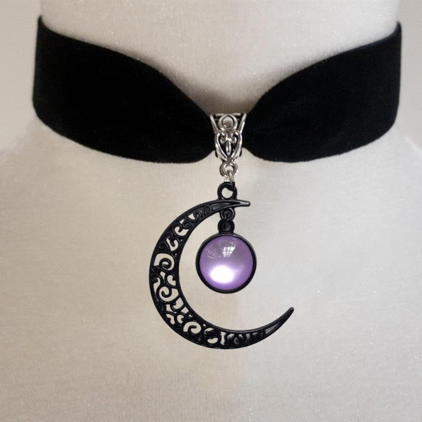 Black velvet Gothic moon crystal choker necklace for women with silver-tone details, elegant and enchanting jewelry accessory.