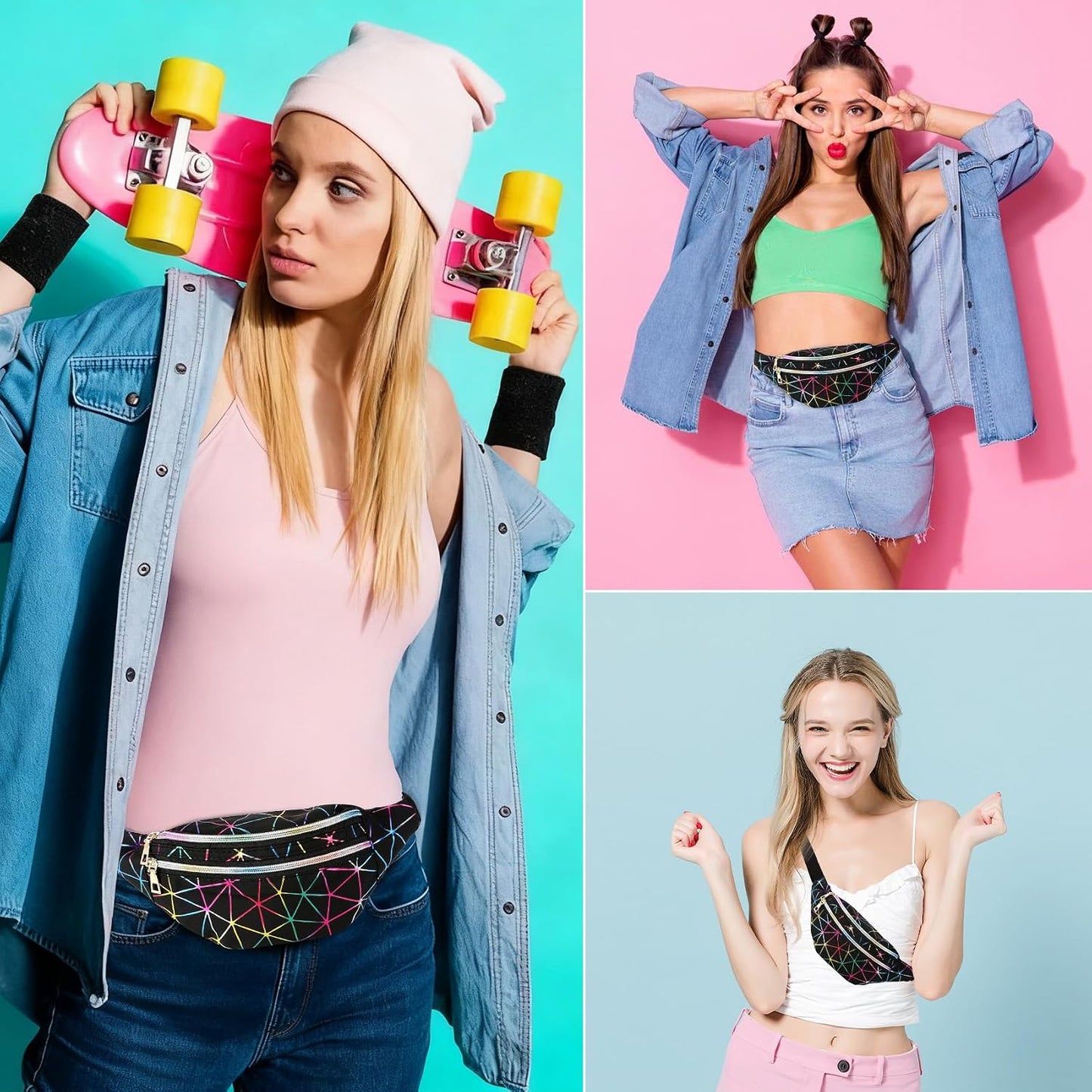 Holographic black fanny pack for women by Bicfuiot, sparkly waterproof waist bag with adjustable belt, ideal for parties and festivals.