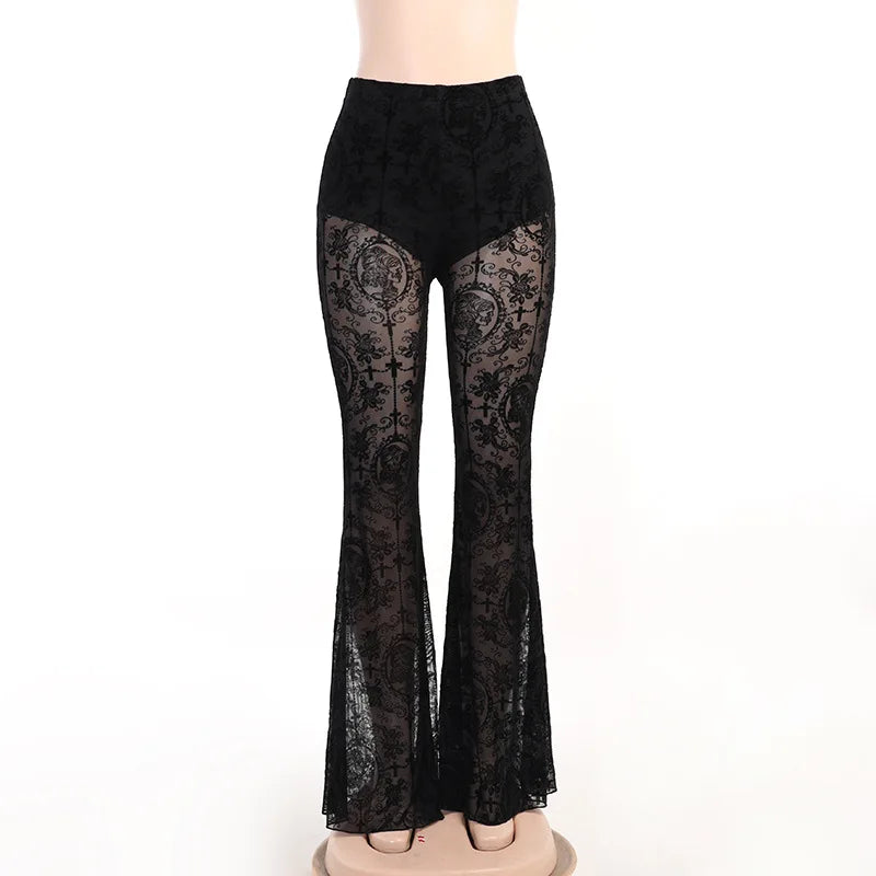 Gothic vintage flocking flare pants with high waist and mesh fabric, stylish punk and grunge-inspired trousers by PressureDen.store