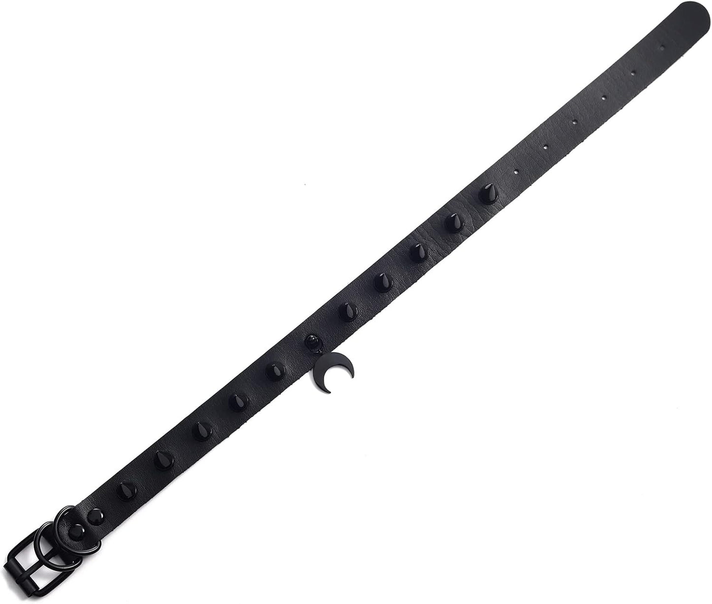 Black leather Gothic spiked choker necklace with moon cross pendant, FNQUFUJ edgy collar for alternative fashion and cosplay.