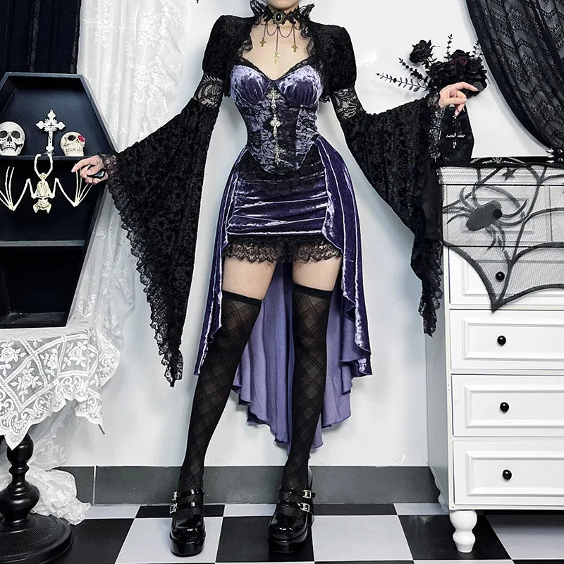Elegant Victorian Gothic velvet A-line dress with lace hem details, perfect for evening and Lolita partywear by PressureDen.store.