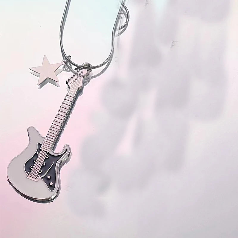 Grunge Pink Guitar Pendant Necklace Charm Goth Jewelry Chains Star Necklace for Women Y2K Accessories Korean Fashion