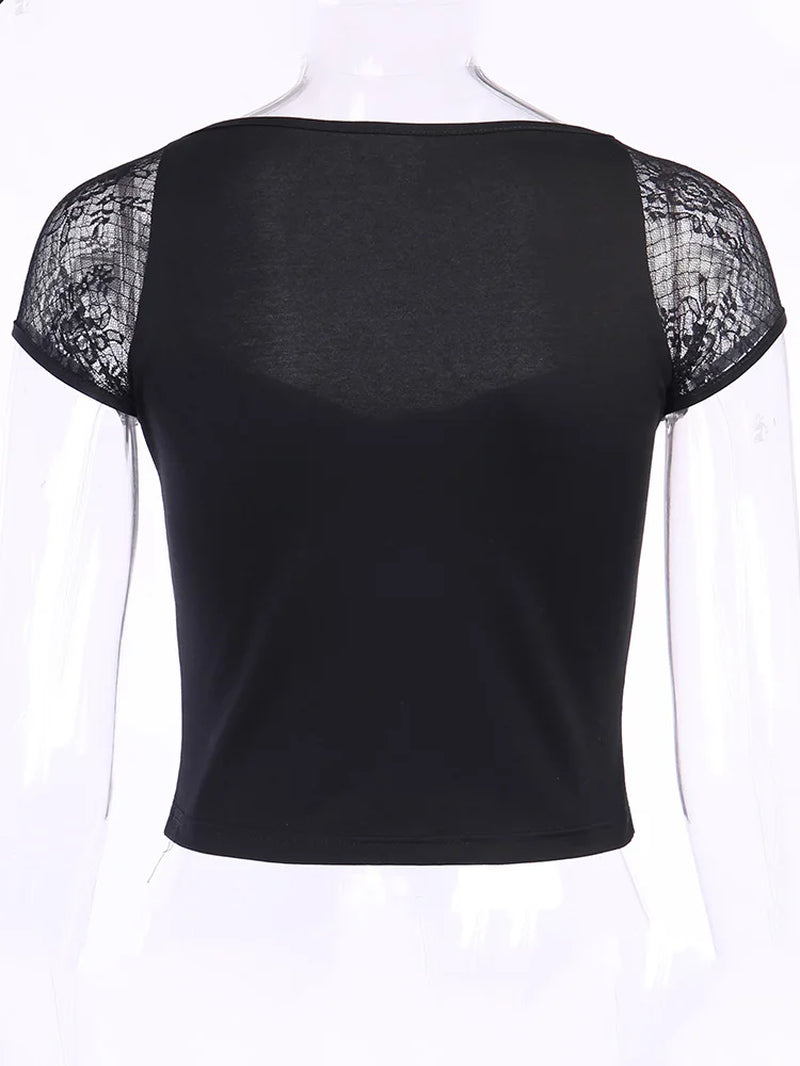 Women’s vintage goth lace t-shirt by PressureDen.store, featuring a sexy mesh bodycon design for casual streetwear style.