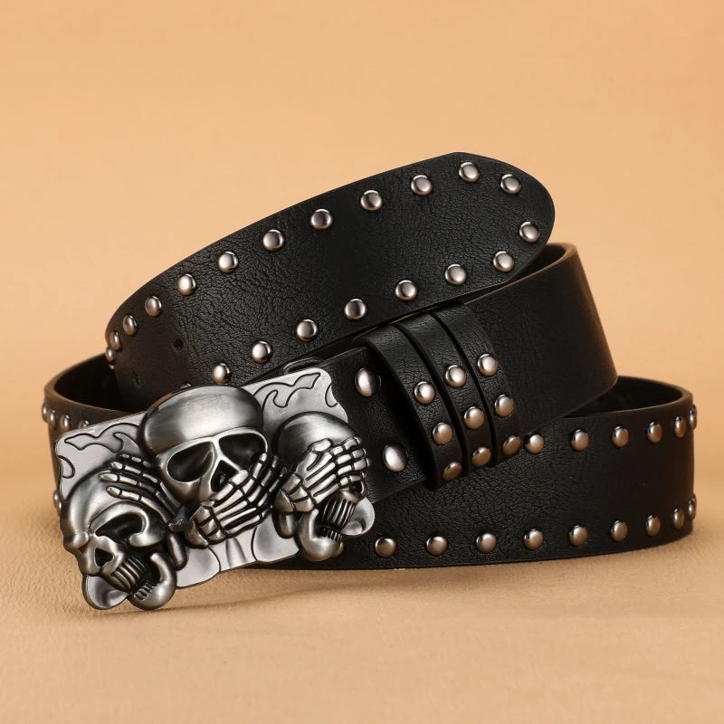 Luxury punk goth rivet belt for men and women featuring a black leather design with a paw skull buckle.