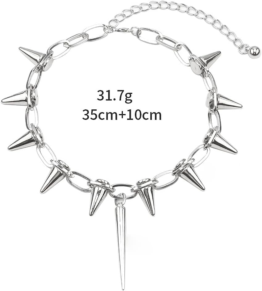 Silver spiked choker necklace by Egfyqzbryn featuring rivet and chain details, perfect for goth style and night club fashion.