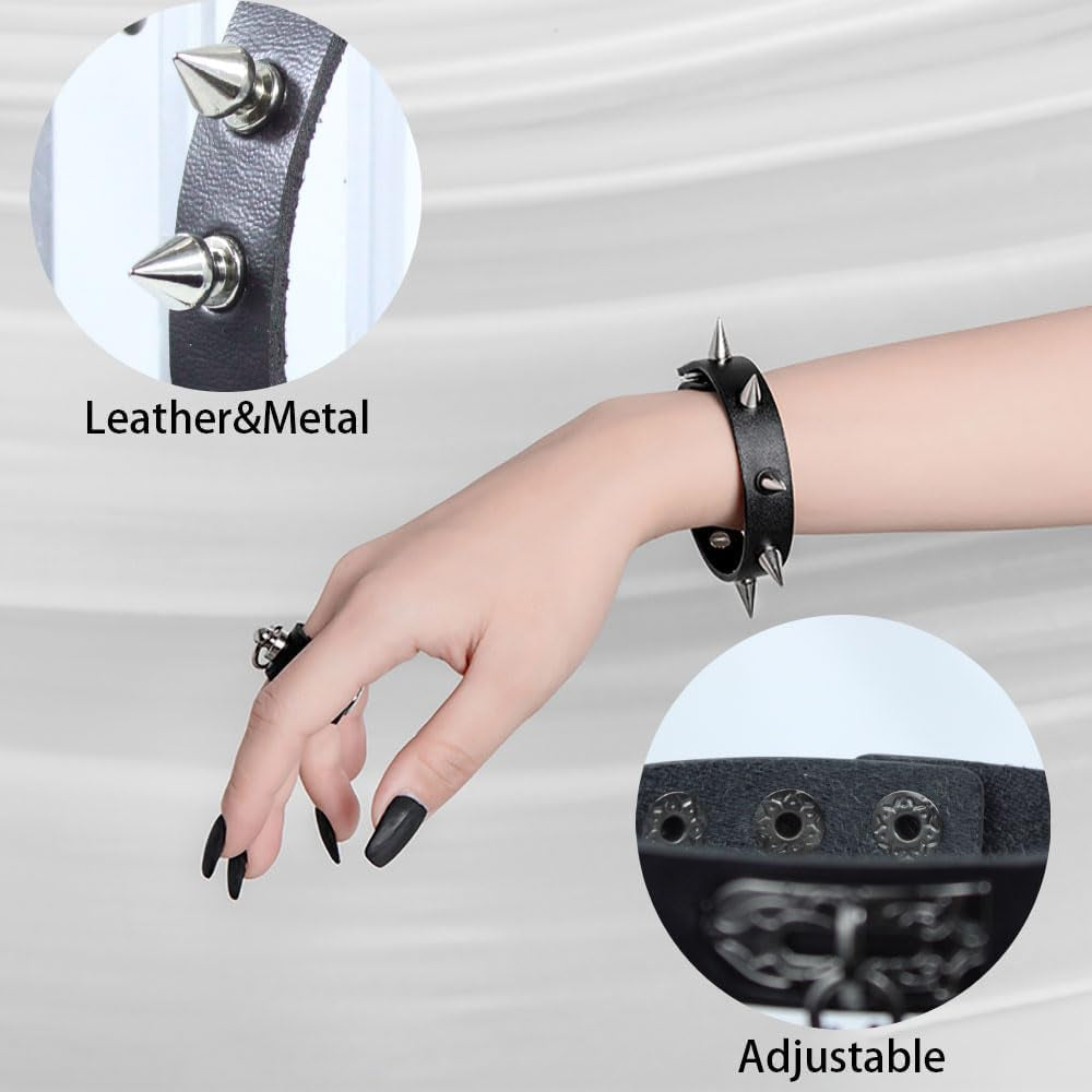 6 PCS Leather Bracelets for Men Women Punk Goth Rock Spiked 80S Stuff Cool Metal Studded Accessories Black Cuff Wristband for Party Cosplay Night Club Sexy Gift Halloween
