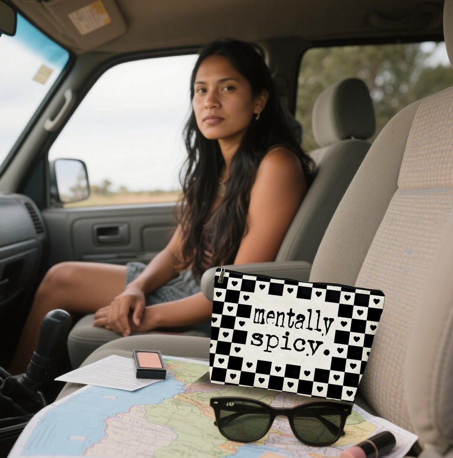 Alternative Makeup Bag, Edgy ‘Mentally Spicy’ Checkered Makeup Bag, Gift for Goth Lovers Women Girls Friend Daughter, Self Expression Graduation Birthday Friendship Gifts 10×7 Inch