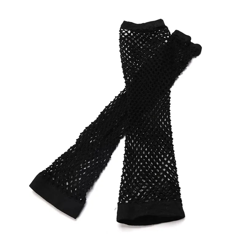 Black neon fishnet fingerless long gloves, sexy punk goth arm cuffs for dance parties and fancy dress from PressureDen.store.