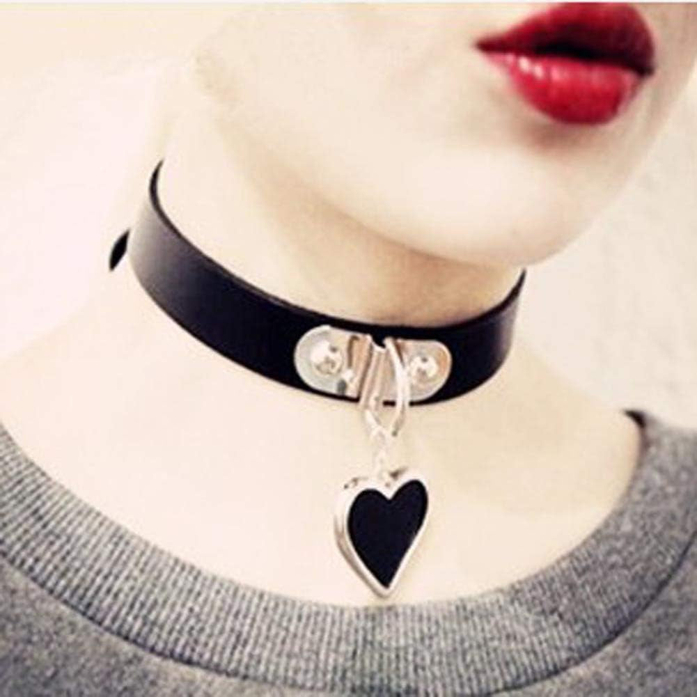 Cool Rock Steampunk Punk Goth Choker Necklace Heart Pendant PU Leather Collar Choker Necklace Goth Fans Choker Necklace Black