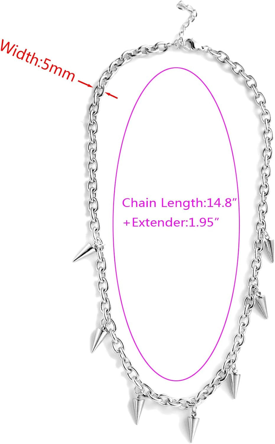 Tosmifairy edgy punk rock stainless steel spiked choker necklace with 7-piece Y2K goth jewelry set on a black background