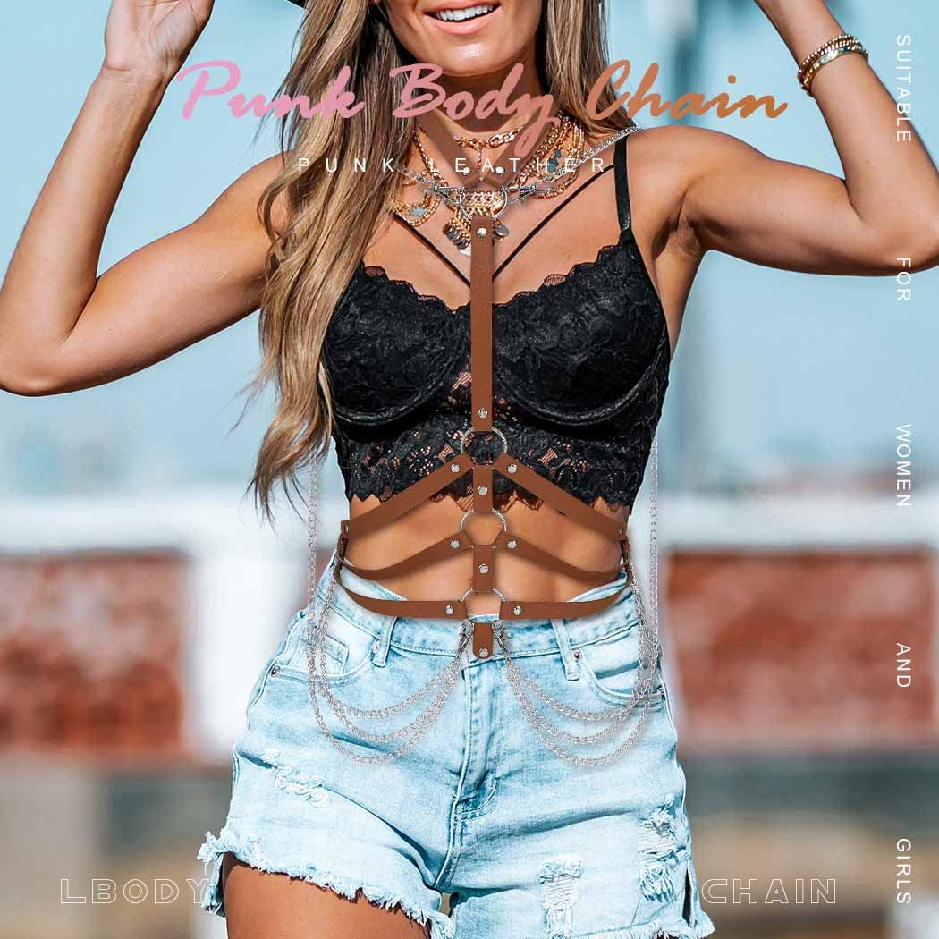 Fashion Harness Belt plus Size Harness Waist Belts Punk Leather Body Harness for Women (Brown)