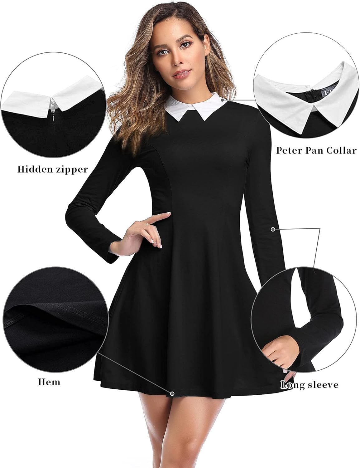 Black women's long sleeve dress with Peter Pan collar, inspired by Wednesday Addams, featuring a chic, gothic style.
