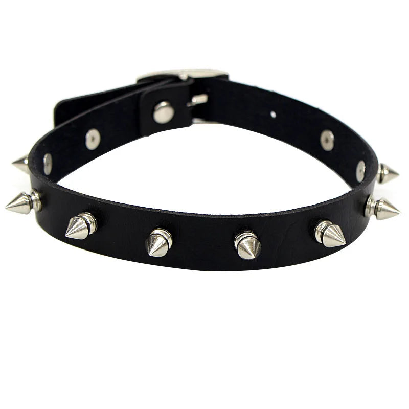 Black leather choker necklace with metal spikes, gothic punk style, perfect for parties and festivals