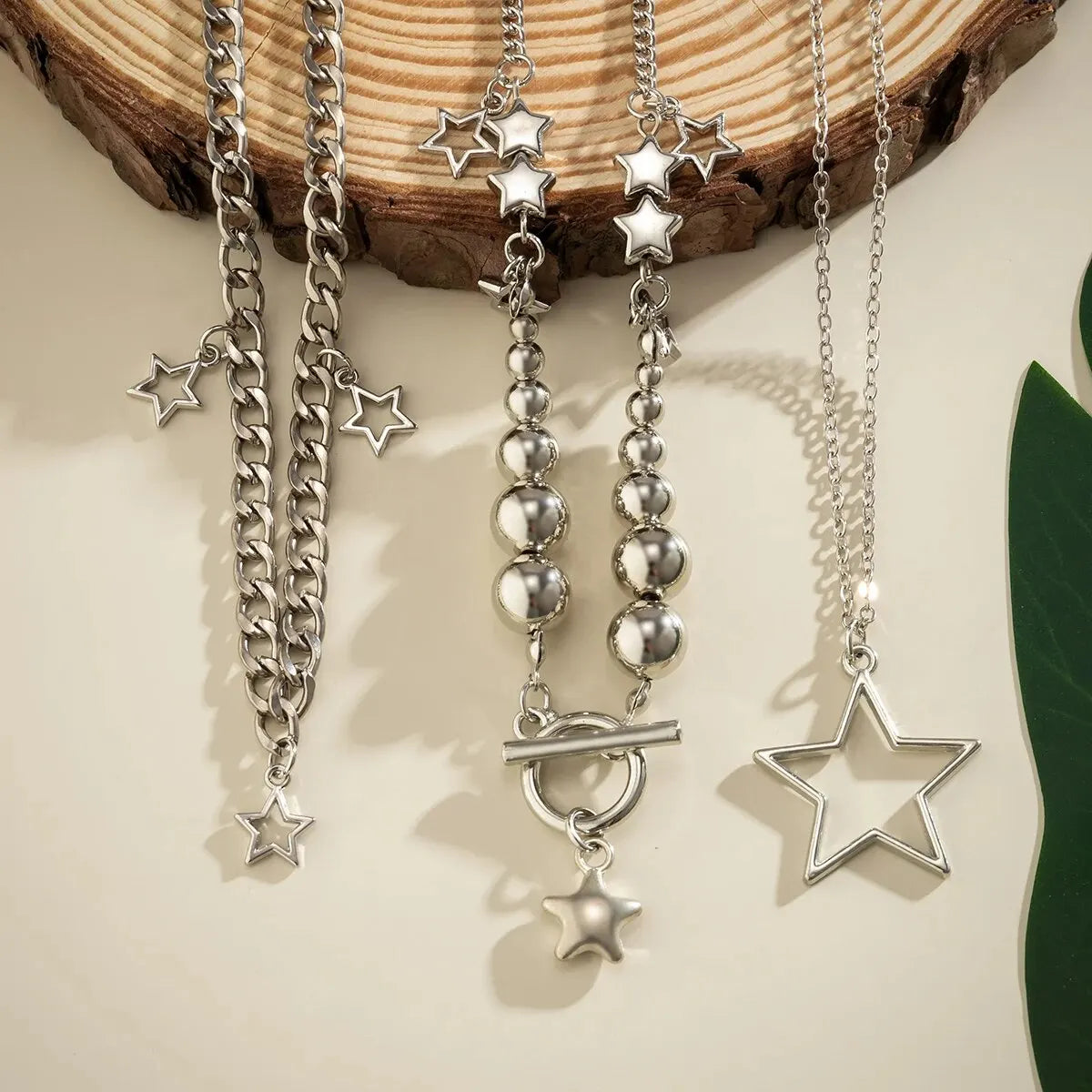 Vintage silver star OT buckle pendant choker necklace set with gothic aesthetic, includes three stylish jewelry pieces for women.