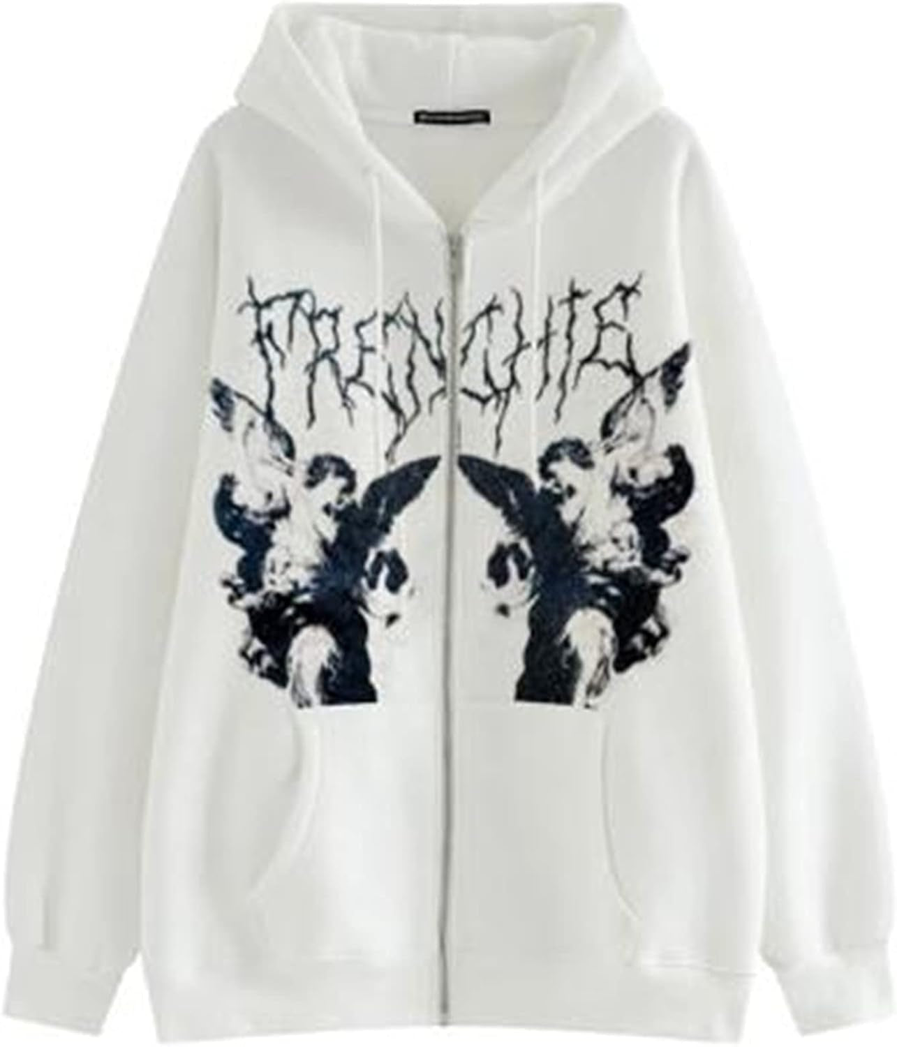 Yuemengxuan trendy Y2K goth zip-up hoodie with 90s graphic design, shown in a casual pose highlighting its stylish aesthetic.