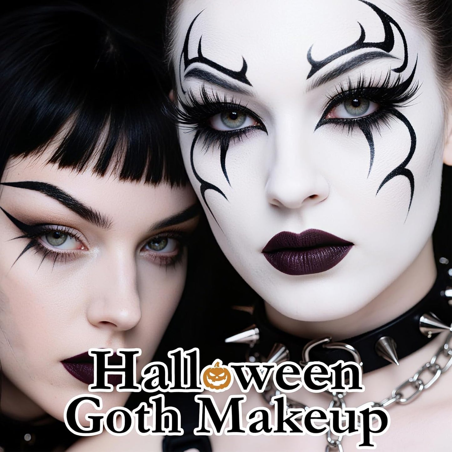 Halloween Goth SFX Makeup Kit, Complete Gothic Makeup Set Include White Liquid Foundation, Eyeliner, Setting Powder, Eyeshadow & Black Lipstick for Halloween Cosplay, Carnival, Theater