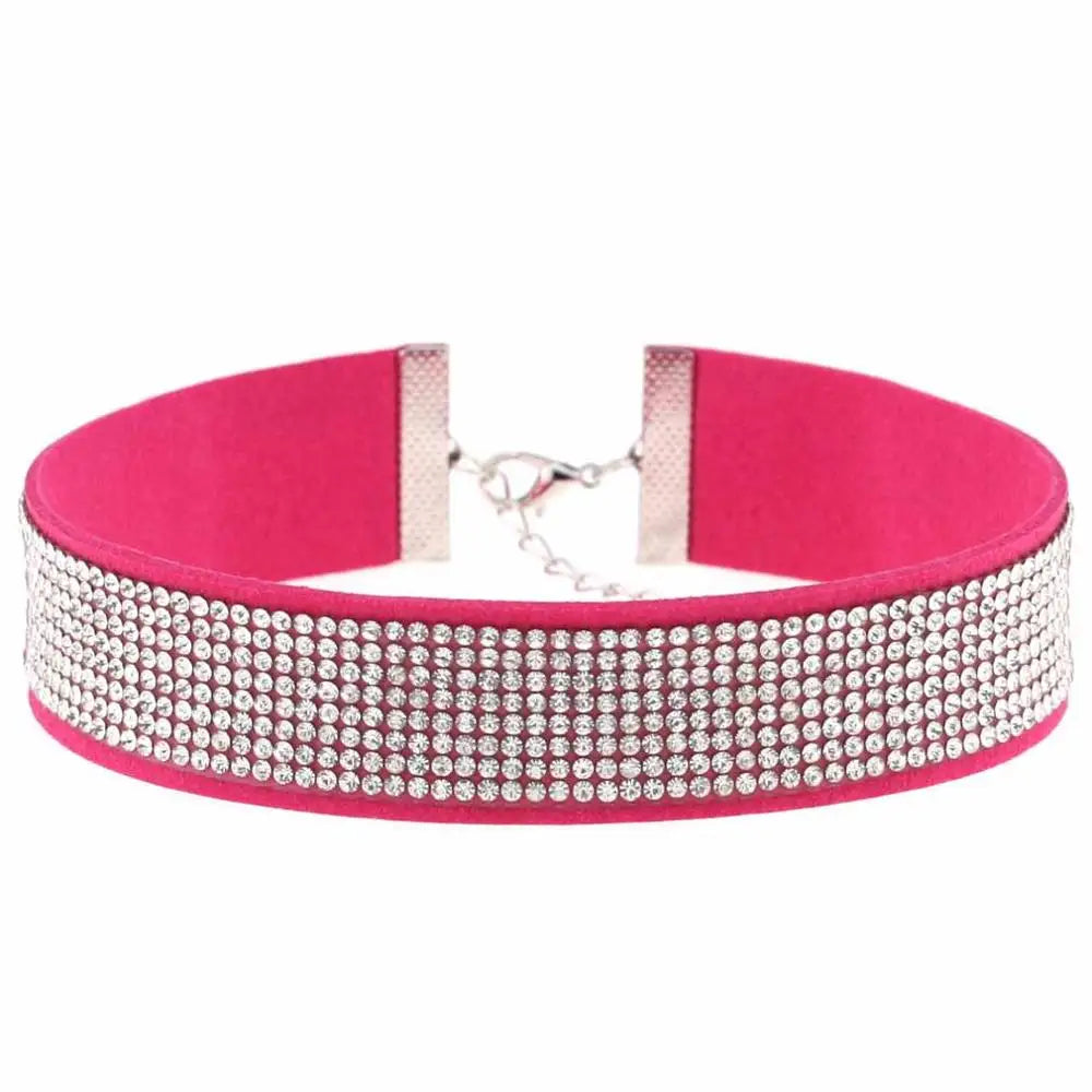Trendy Harajuku gothic crystal choker necklace with punk-style black leather collar and sparkling crystal accents.