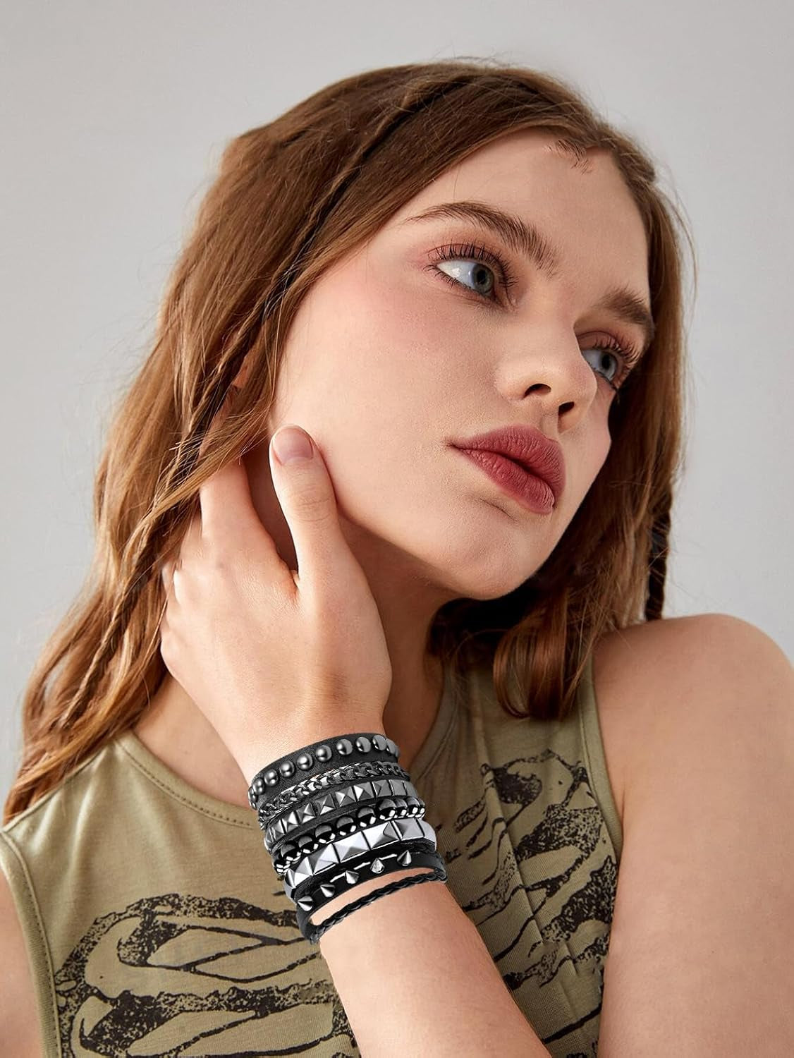4 Pcs Punk Rock Leather Studded Bracelets for Men Women 80S Gothic Spike Cuff Bracelet Set Emo Accessories for Rocker Outfits