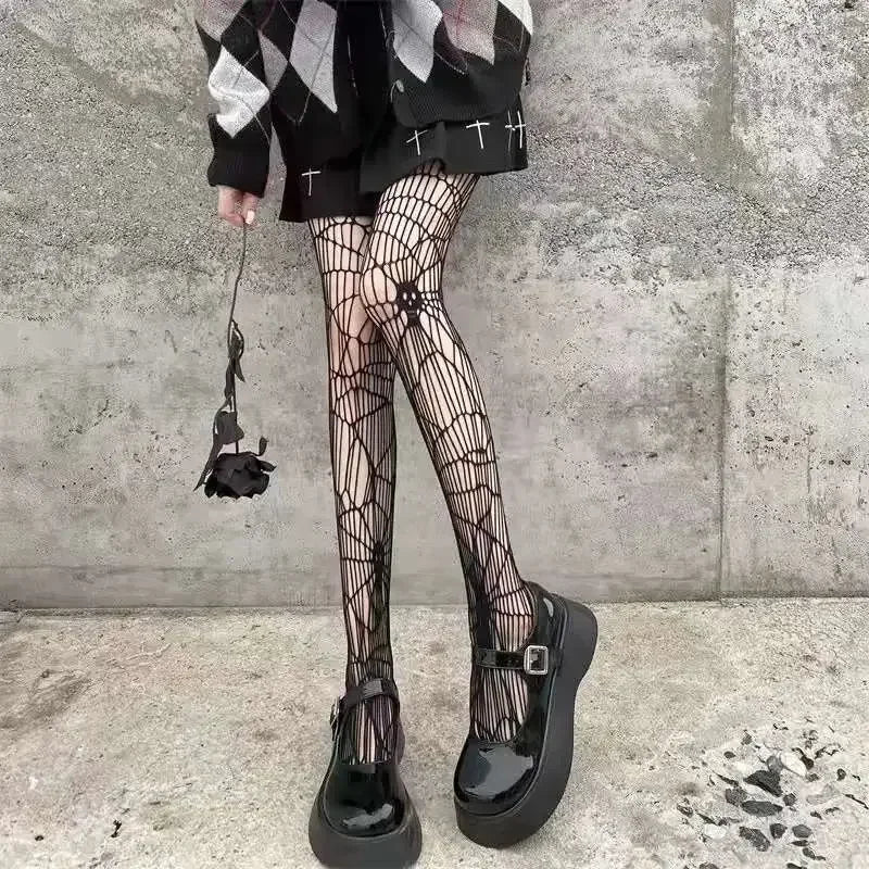 Gothic Big Spider Silk Stockings - Vintage Dark Fishnet Pantyhose for Emo & Alternative Styles