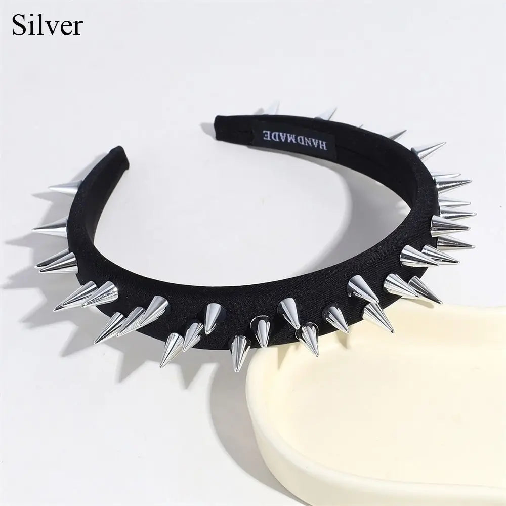 Silver and gold punk goth headband with rivets, stylish hair accessory for women, suitable for cosplay and everyday wear.