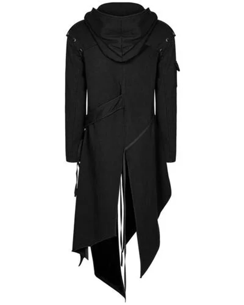 Black punk hooded jacket by PressureDen.store featuring edgy goth dieselpunk style, perfect for dystopian-inspired fashion.