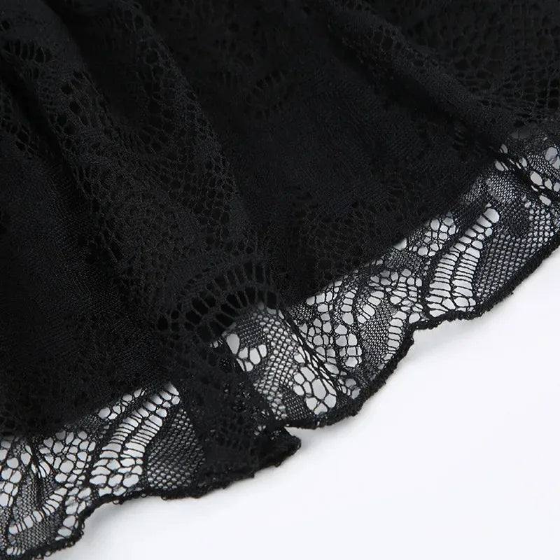 Black lace trim goth Y2K mini skirt for women featuring bow detail, A-line cut, Korean streetwear style from PressureDen.store.