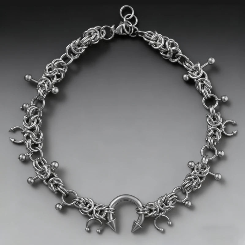 Punk Fashion Stainless Steel Rivet Horseshoe Ring DIY Pendant Necklace for Women Cool Fashion Goth Jewelry Grunge Choker