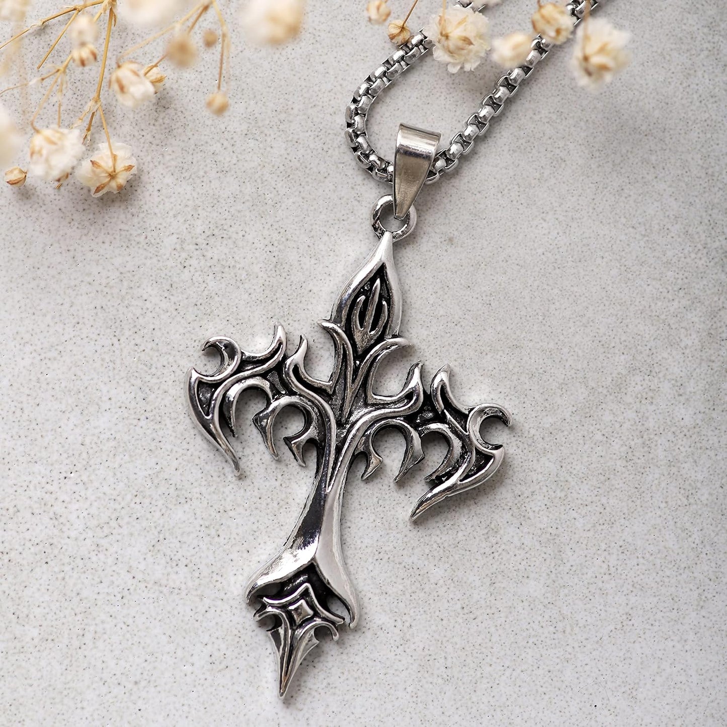 Sacina Gothic cross necklace with punk emo style, featuring a dark metal pendant perfect for Halloween or Christmas gift ideas