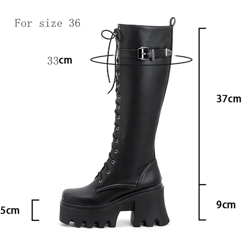 Black PU leather goth punk knee-high platform boots for women with lace-up design, ideal for winter rain and edgy fashion.