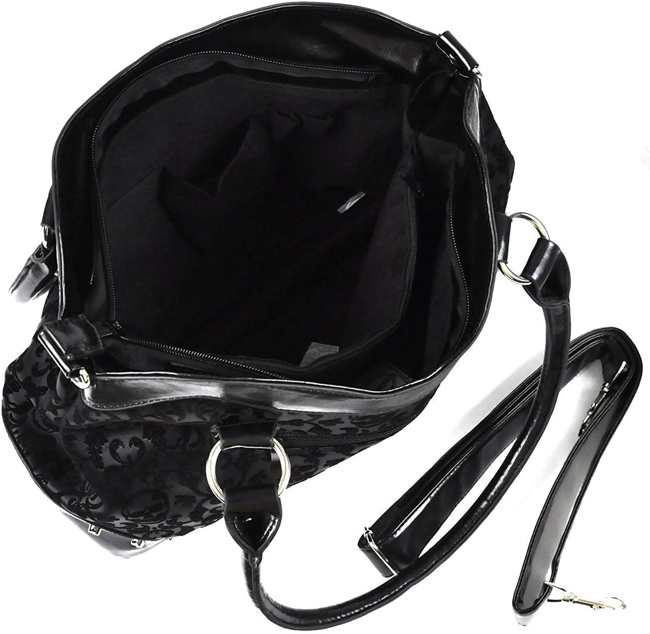 Large black steampunk ribcage skeleton cameo handbag by Lost Queen, featuring gothic design with intricate detailing and shoulder strap.