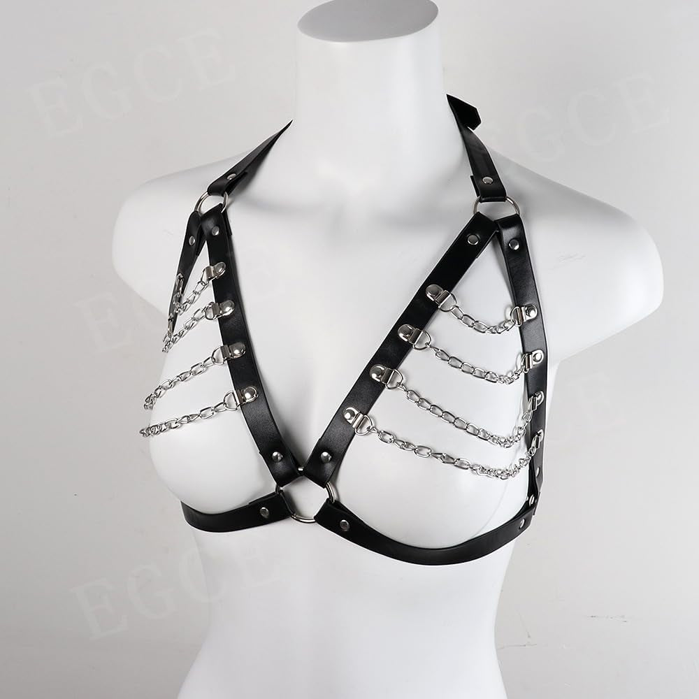 Punk Adjustable Layered Chest Chain for Woman, Black Leather Chest Harness Body Chain Belt for Halloween, Cosplay
