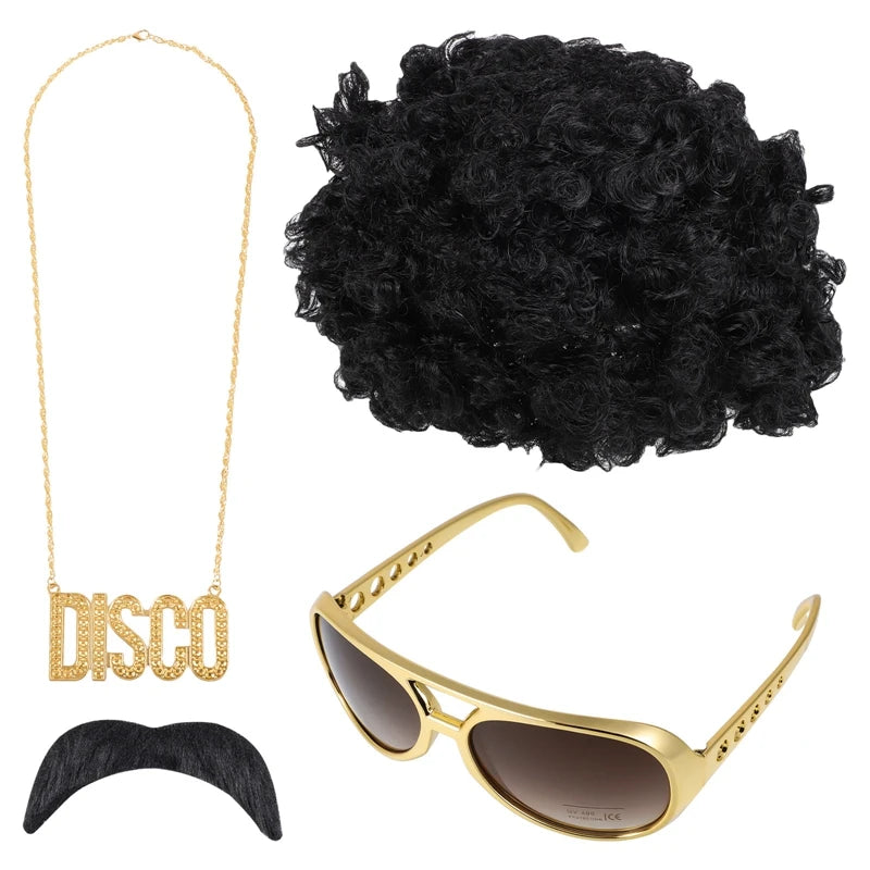 Step Back in Time: Retro Costume Jewelry Set with Afro Wig, Sunglasses & Necklace – Ultimate 80s Style Accessories for Men at 50s, 60s, and 70s Theme Parties!