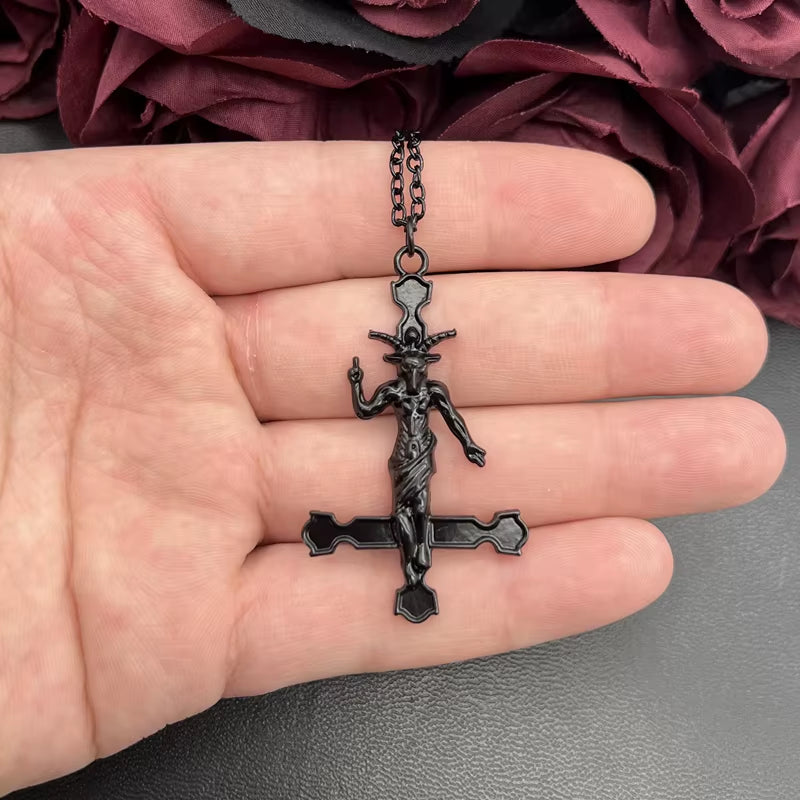 Edgy Baphomet inverted cross pendant necklace featuring bold satanic jewelry design with gothic style and detailed craftsmanship.