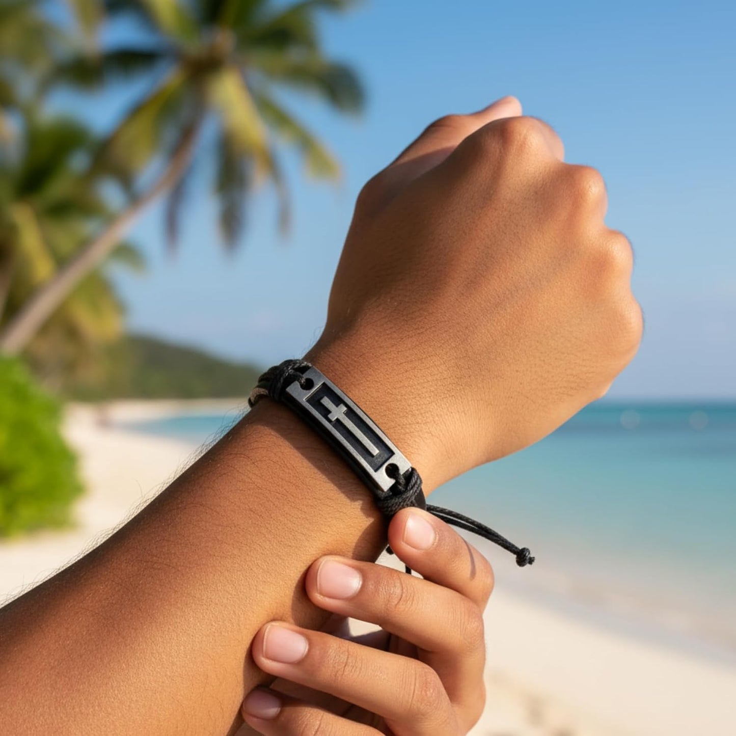Stylish men's leather cross bracelet by Soul Statement, adjustable Christian faith wristband for teens and men.