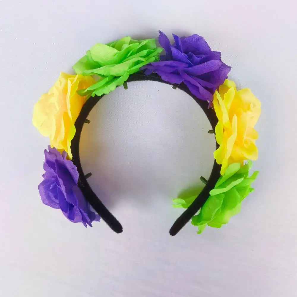 Gothic skull flower headband with spider web veil for Halloween and cosplay, featuring dark floral accents and spooky web details.