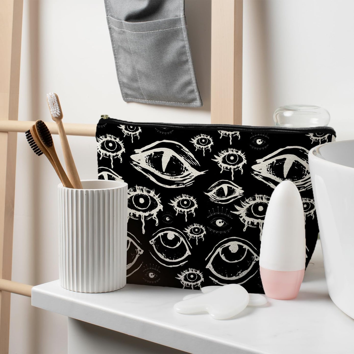 Gothic makeup bag with evil eye design by RYYCDOI, ideal witchy toiletry bag for women and Halloween gift.