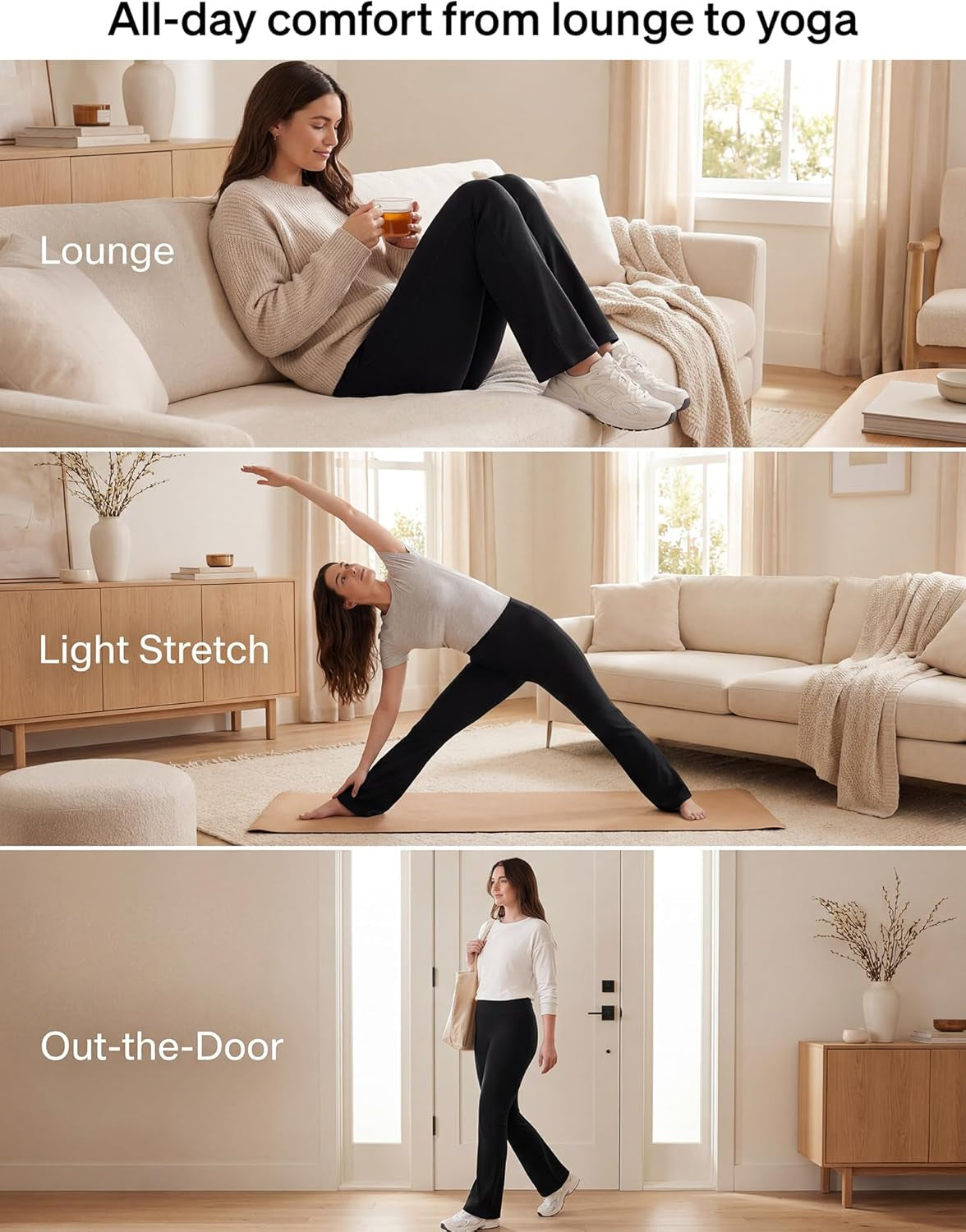 Flared Cotton Lounge Yoga Pants for Women - 32.5" Inseam with Wide Waistband