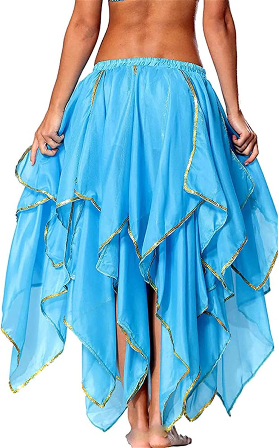 Sky Blue High Waist Sequin Fairy Dance Skirt - Irregular Chiffon Tribal Leaves Style for Rave and Party Performance (One Size)